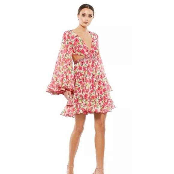 Mac Duggal NEW Size 6 9158 Pink Floral Bell Sleeve Mini Cocktail Party Dress - Picture 1 of 11